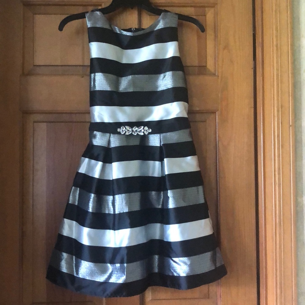 Black, silver and charcoal striped dress.